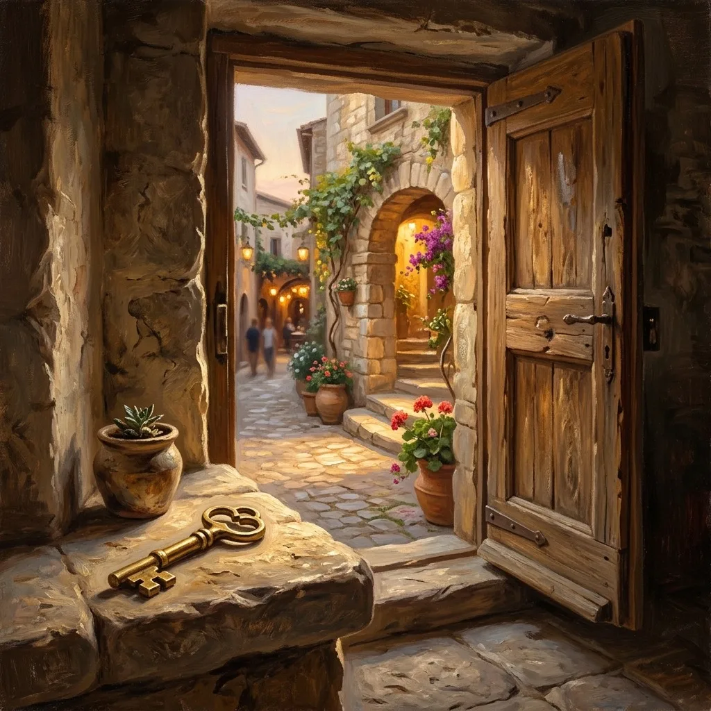 Golden key beside an open sunlit doorway