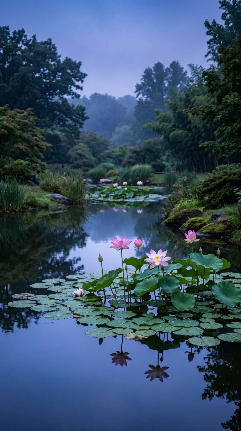 Lotus flowers on a still garden pond.