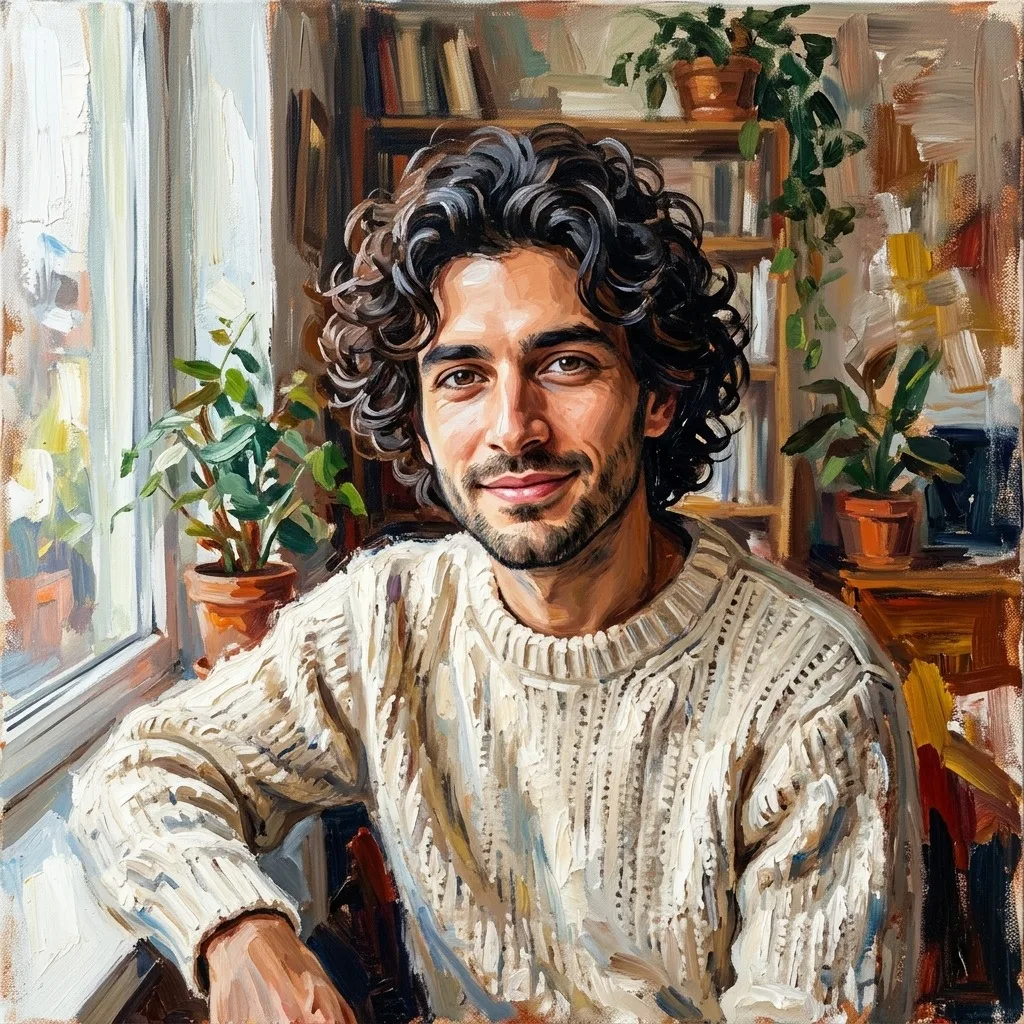 An adult man with curly hair and cream sweater near a window