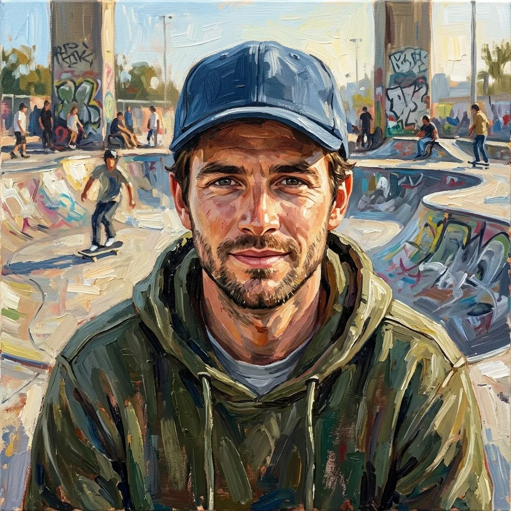 An adult man with plain baseball cap at a sunlit skatepark