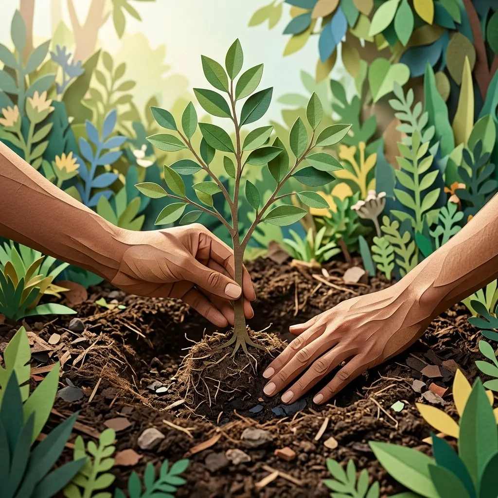 Pair of hands planting a sapling in rich soil