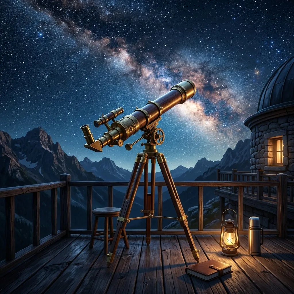 Telescope pointed at a clear starry sky