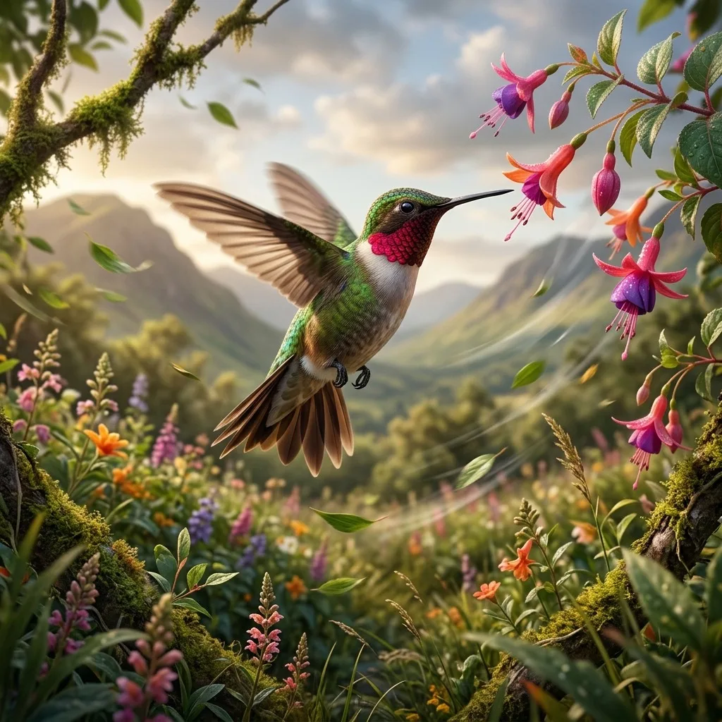 Hummingbird hovering against a strong breeze