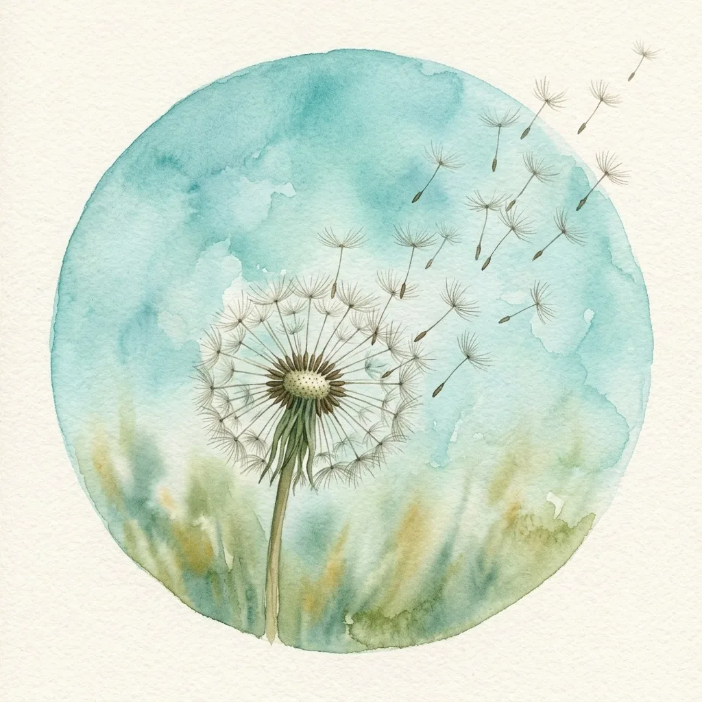 Dandelion seeds drifting against teal sky