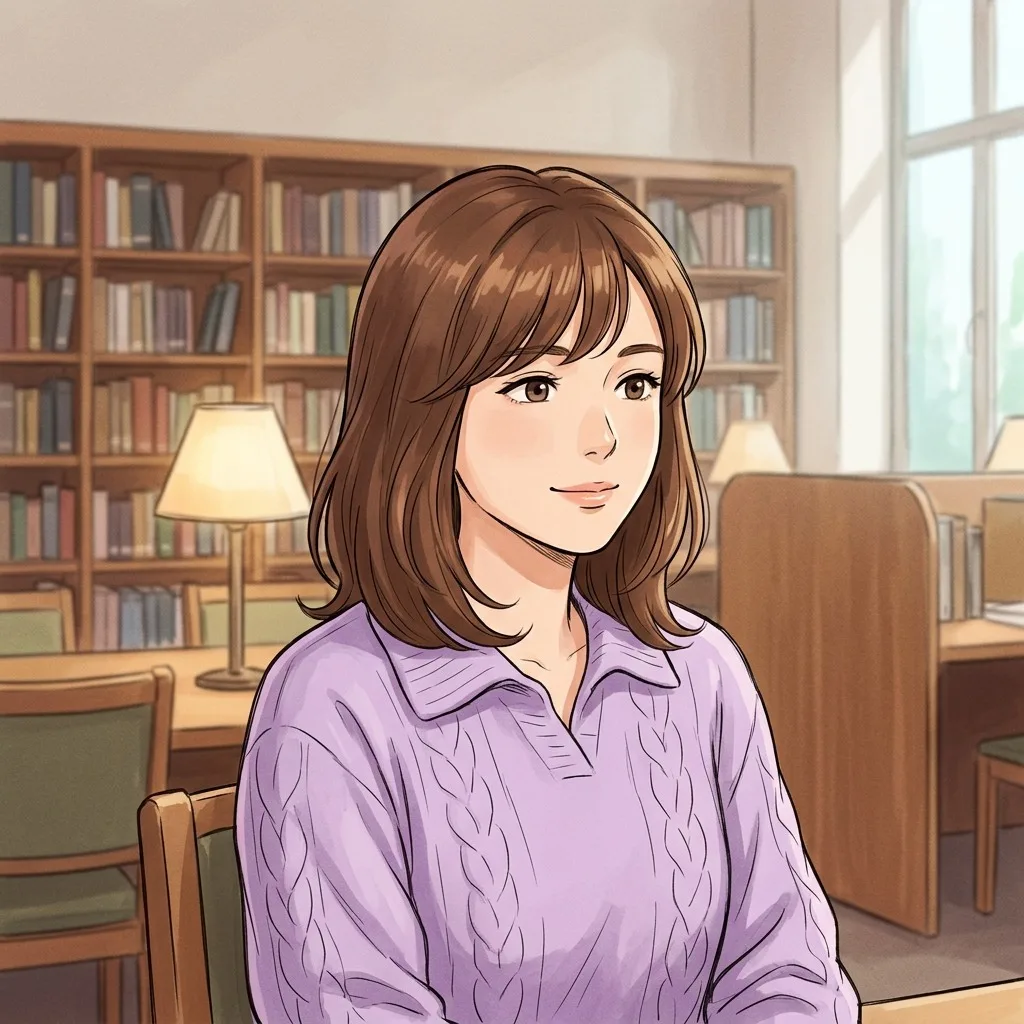 An adult woman with lavender sweater in a quiet library