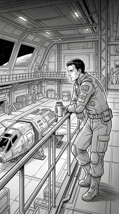 An adult space pilot in a quiet hangar.