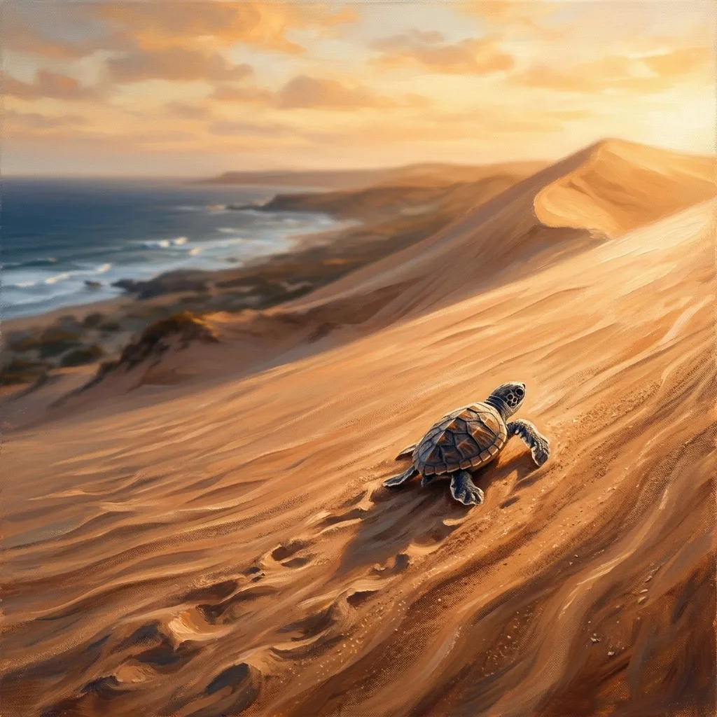 Small turtle climbing a sunlit sandy dune
