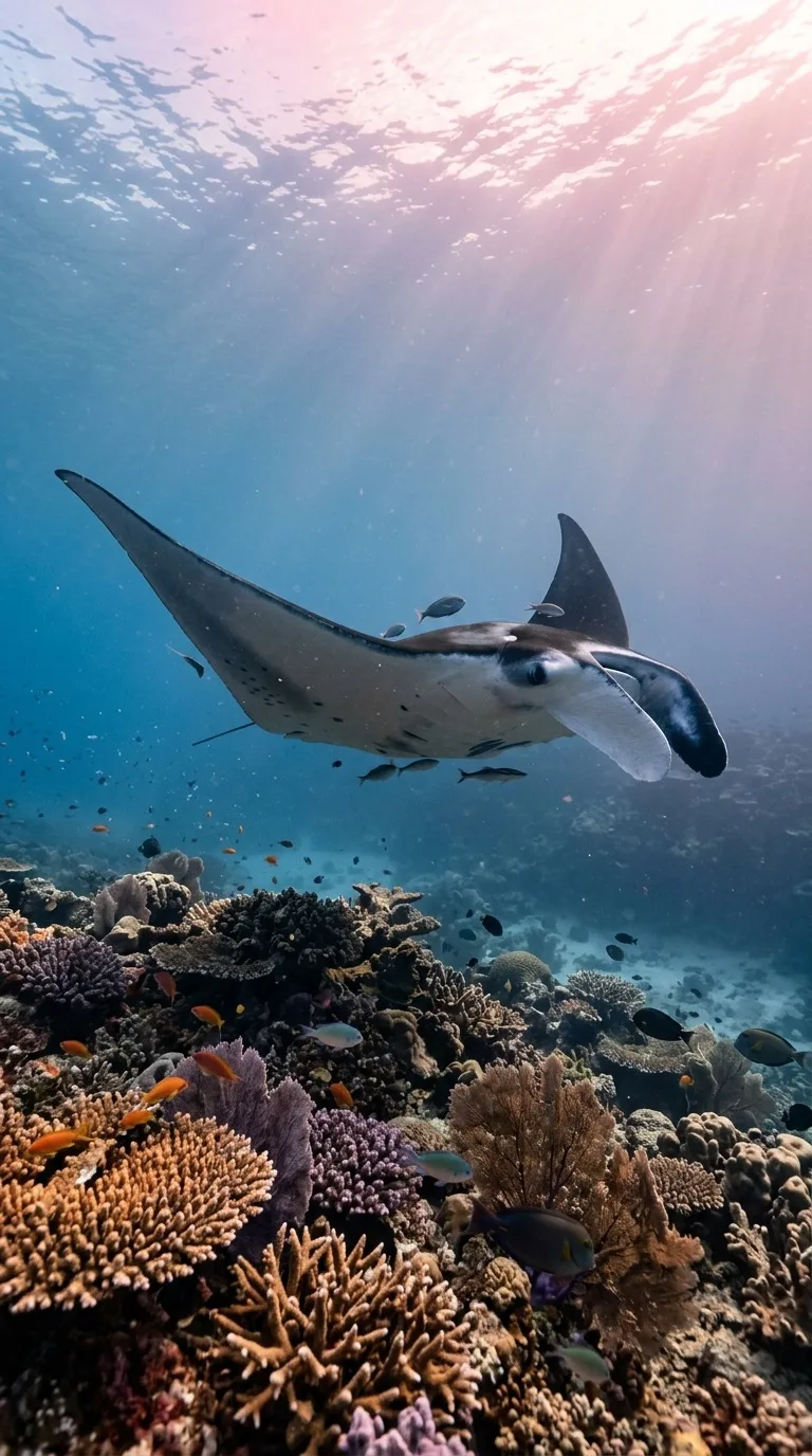 A manta ray gliding above a reef.