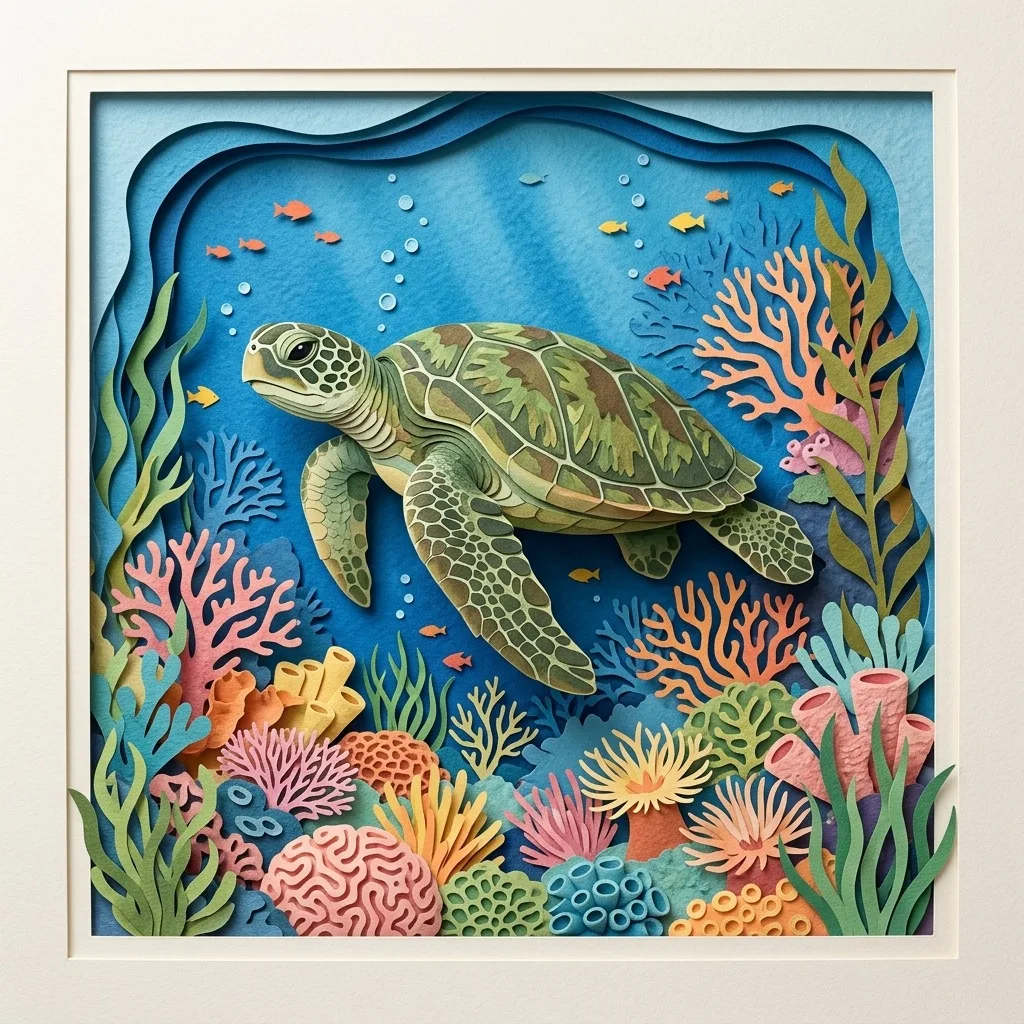 Green sea turtle above a coral garden