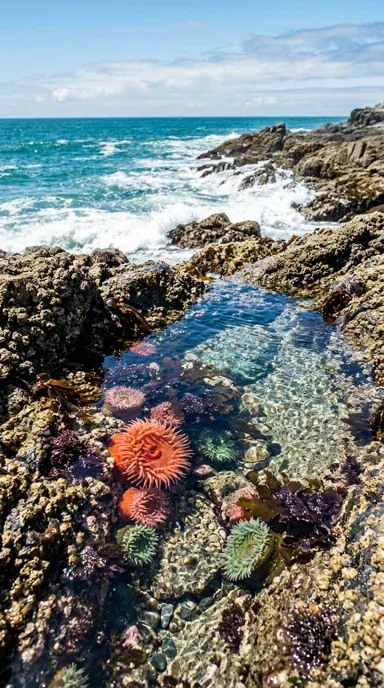 A rocky tide pool with anemones.