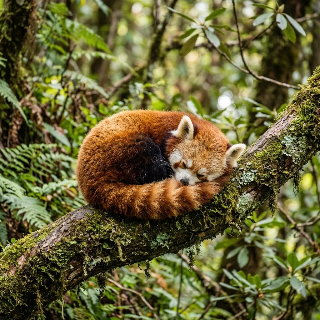 Red panda curled on a mossy branch