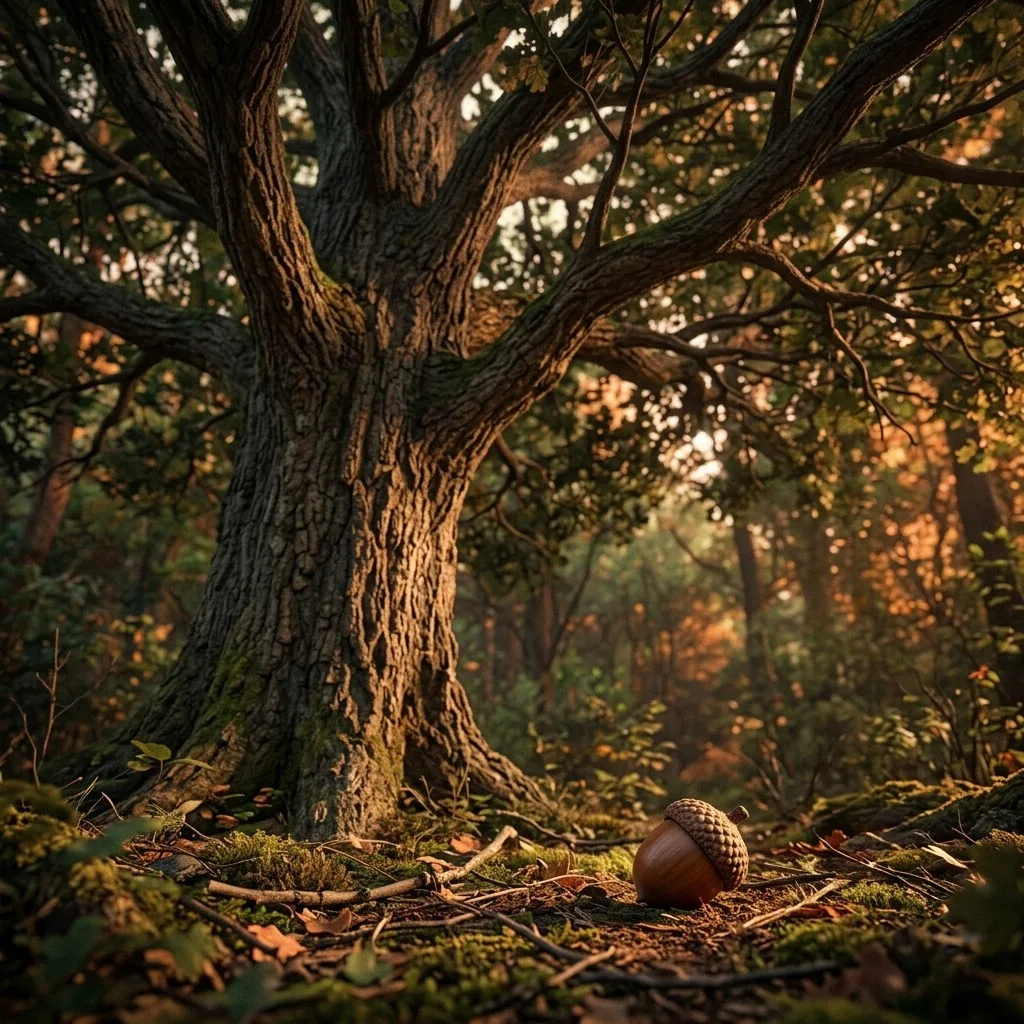 Tiny acorn beside a towering oak