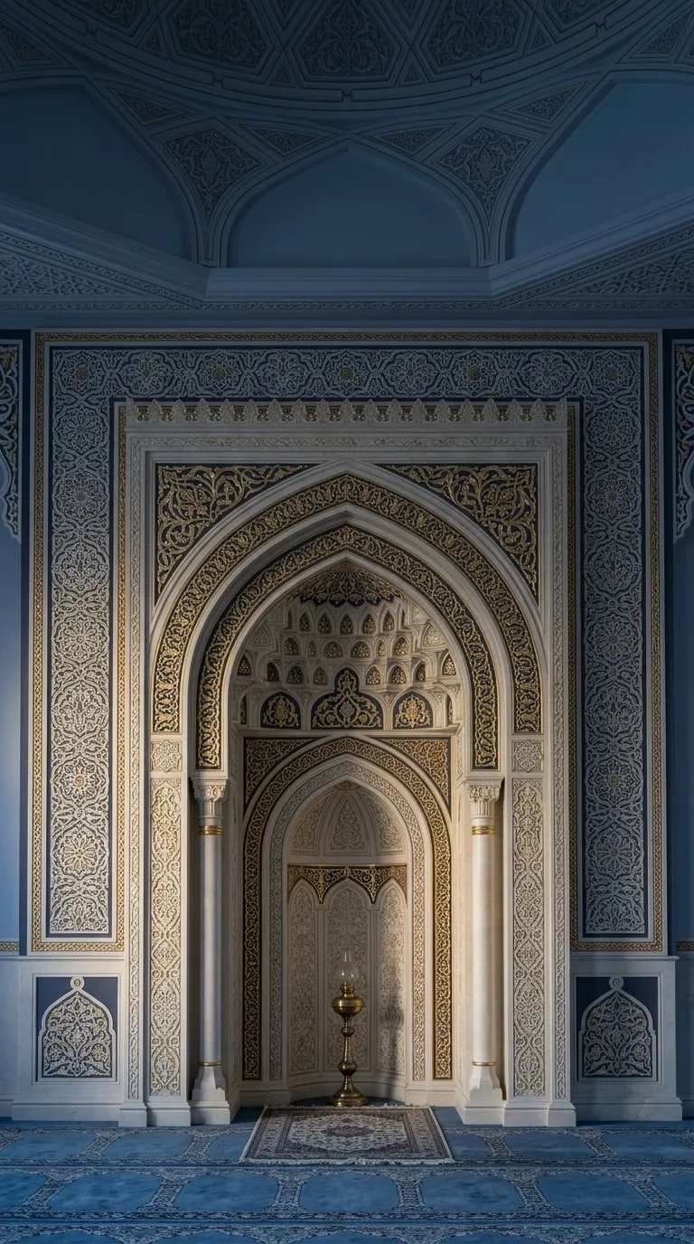 An ornamental mihrab niche in ivory and gold.