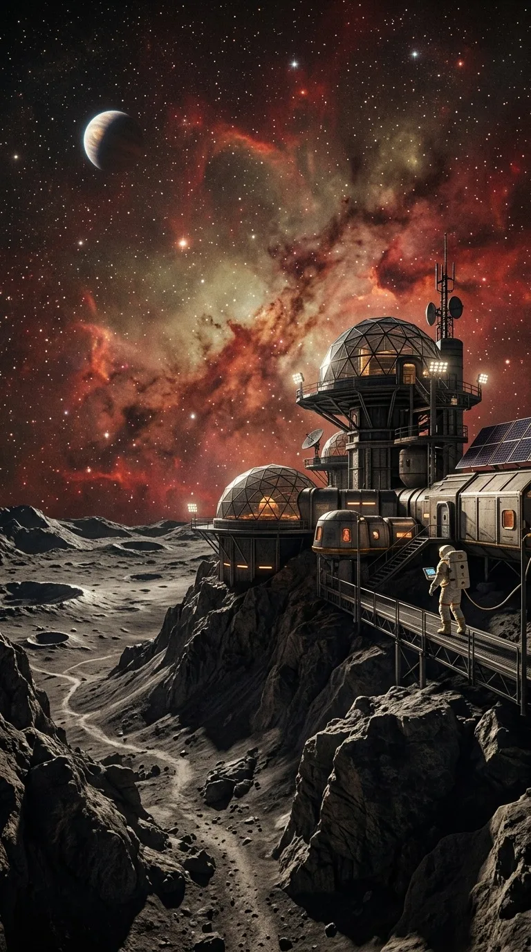 A futuristic observatory on an airless moon.