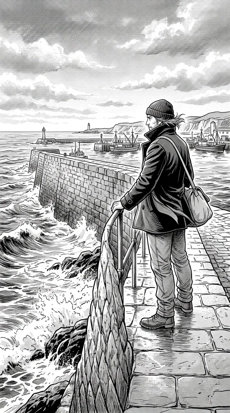An adult sailor on a wind-swept harbor wall.