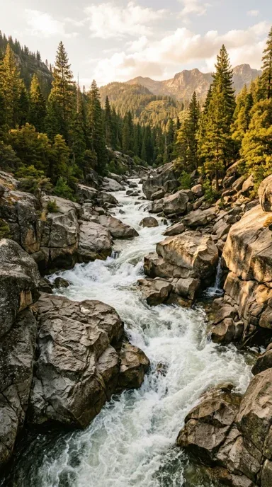 White water river between granite boulders.