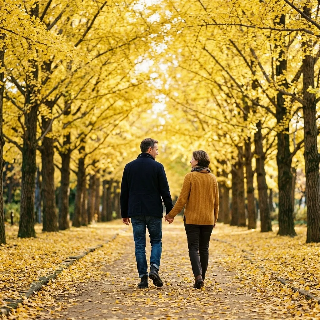 Adult couple walking beneath an avenue of golden ginkgo trees