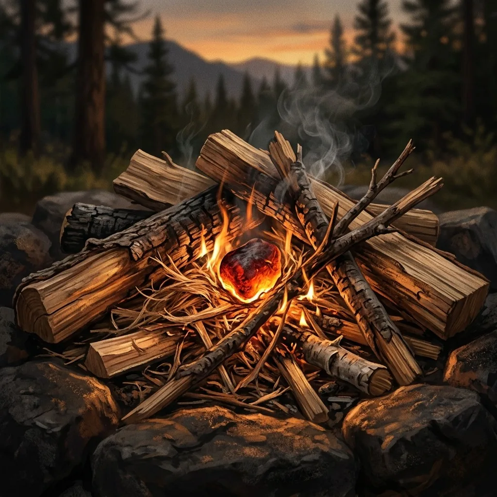 Glowing ember igniting fresh campfire wood