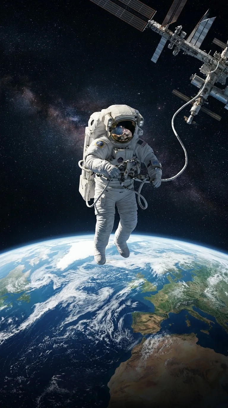 An astronaut floating above the blue earth.