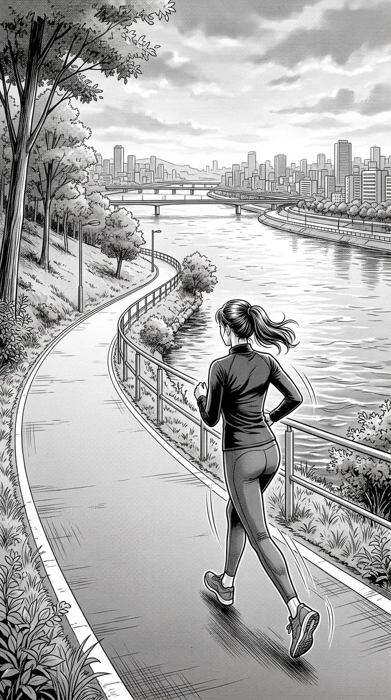 An adult runner on an empty riverside track.