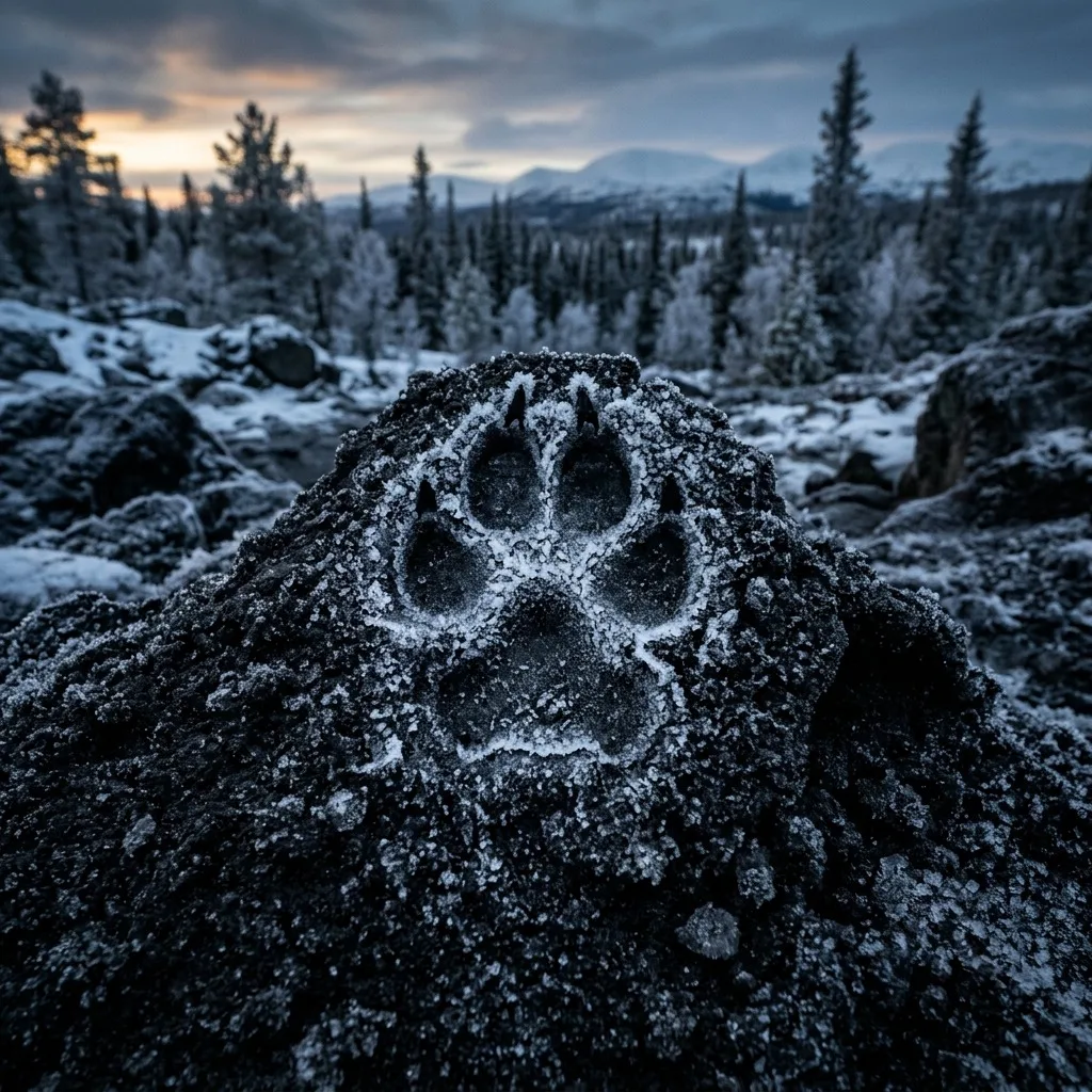 Frost-covered wolf footprint in black snow
