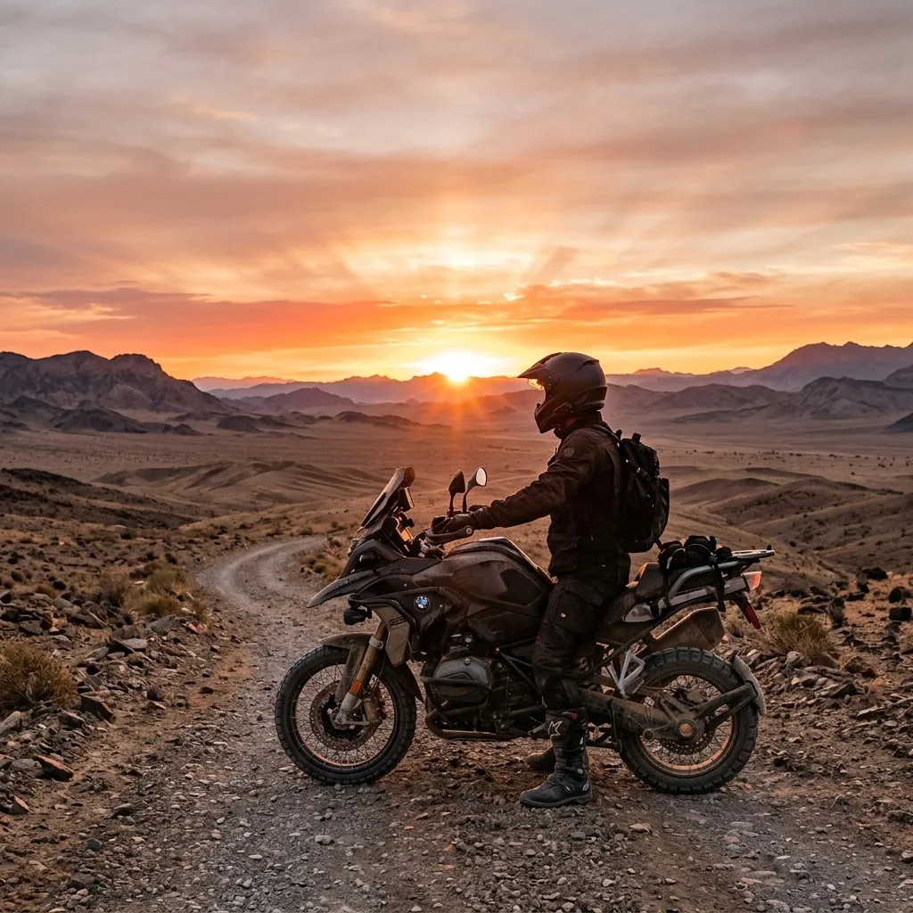 Lone motorcyclist facing desert sunrise