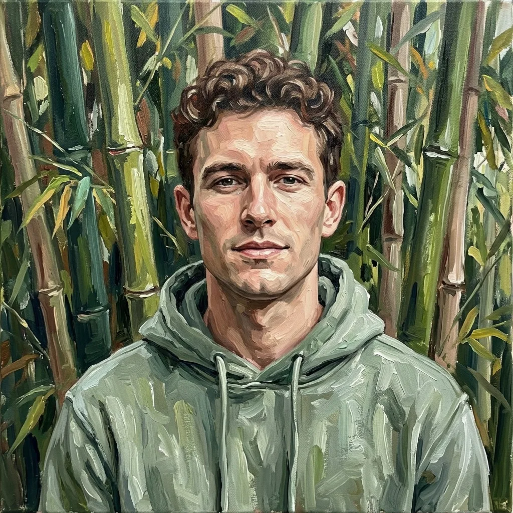 An adult man with sage hoodie in a bamboo garden