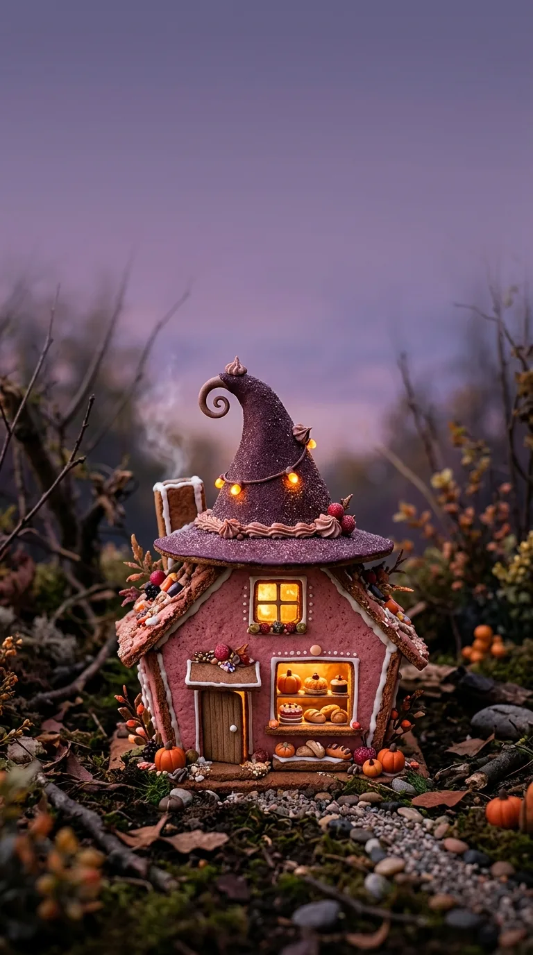 A crooked pink cottage with a witch-hat roof glows warmly among autumn plants