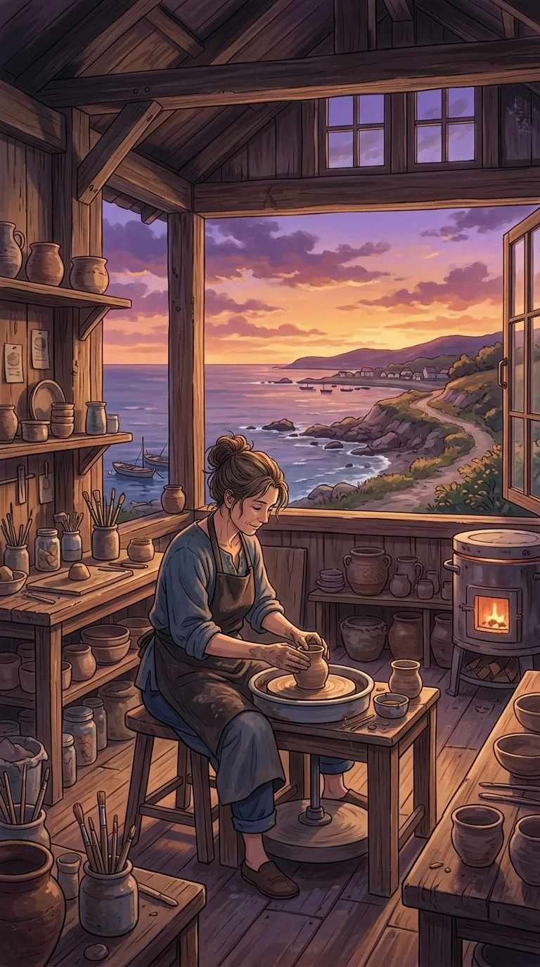 An adult potter in a sunlit coastal studio.