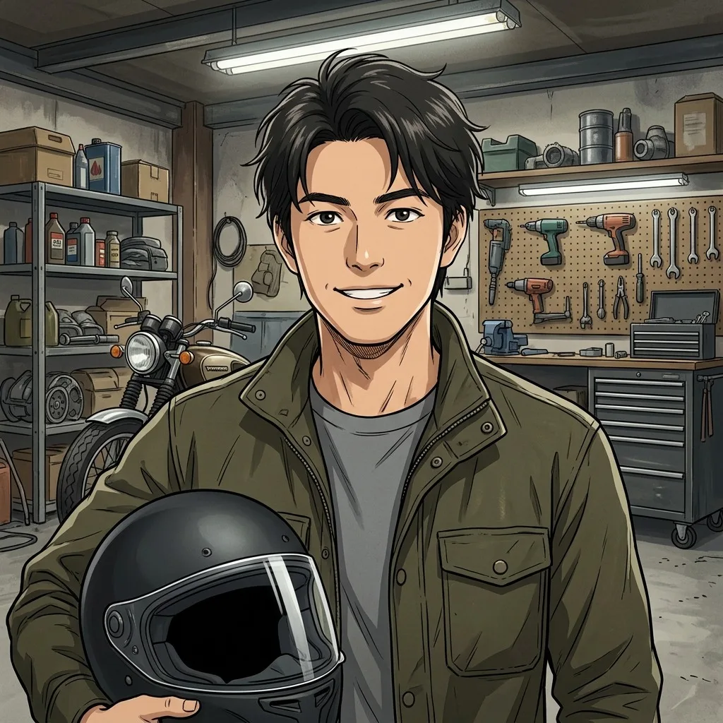 An adult man with black motorcycle helmet held at side in garage