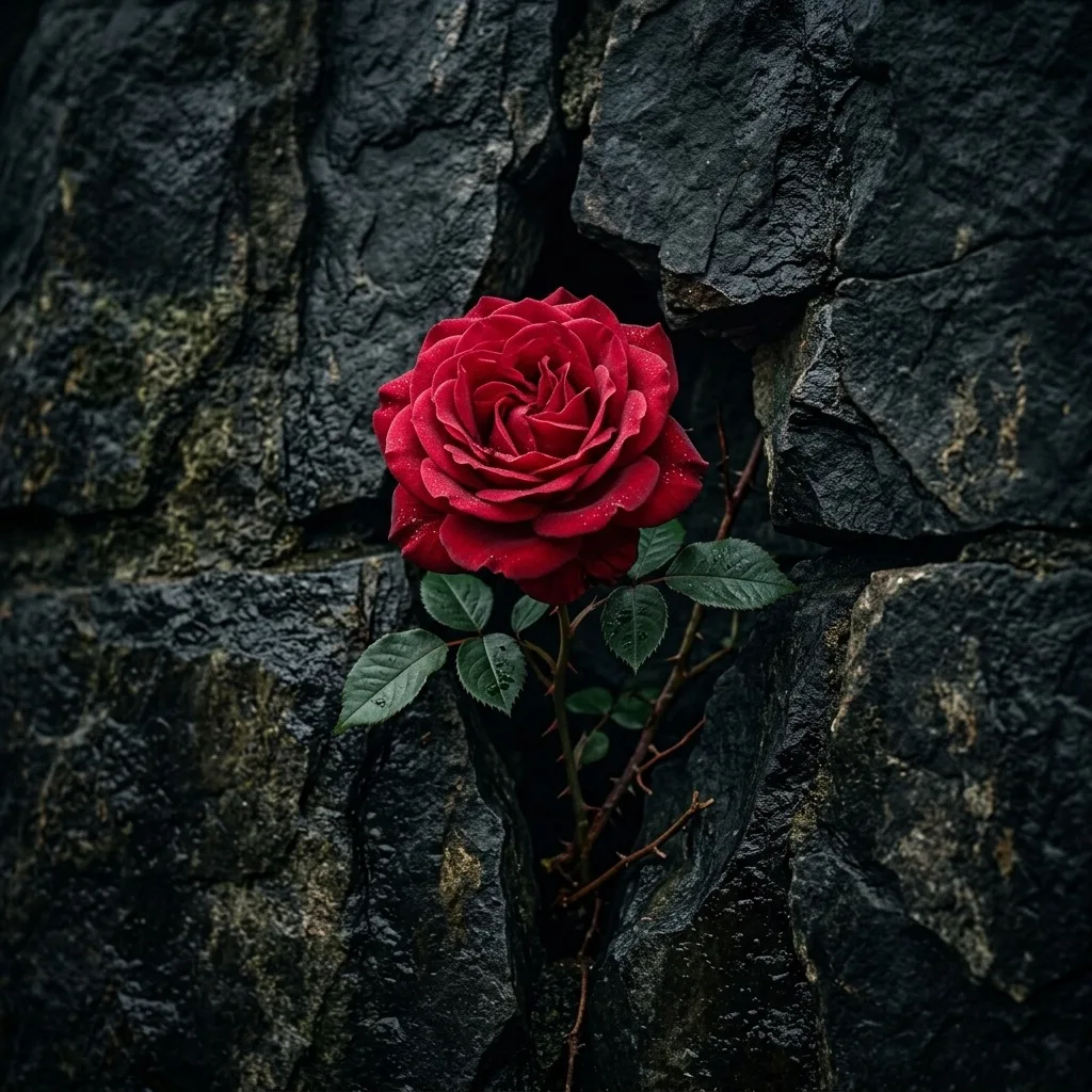 Crimson rose growing through dark cracked stone