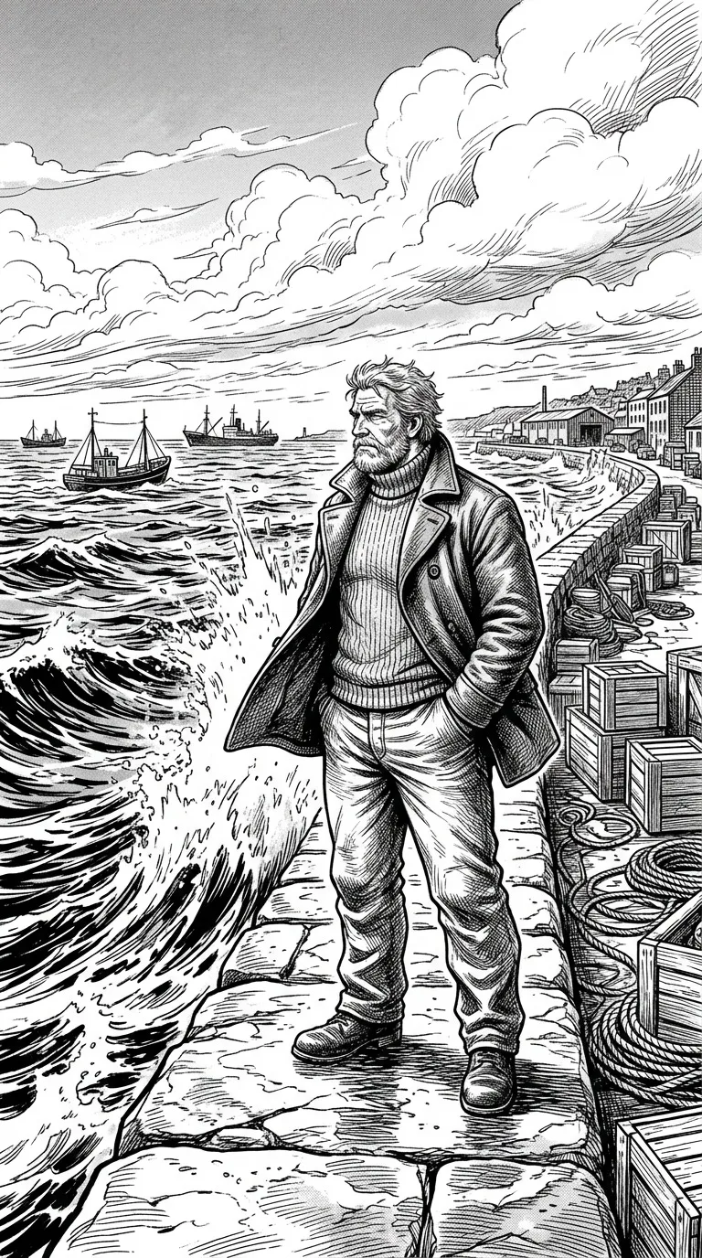 An adult sailor on a wind-swept harbor wall.