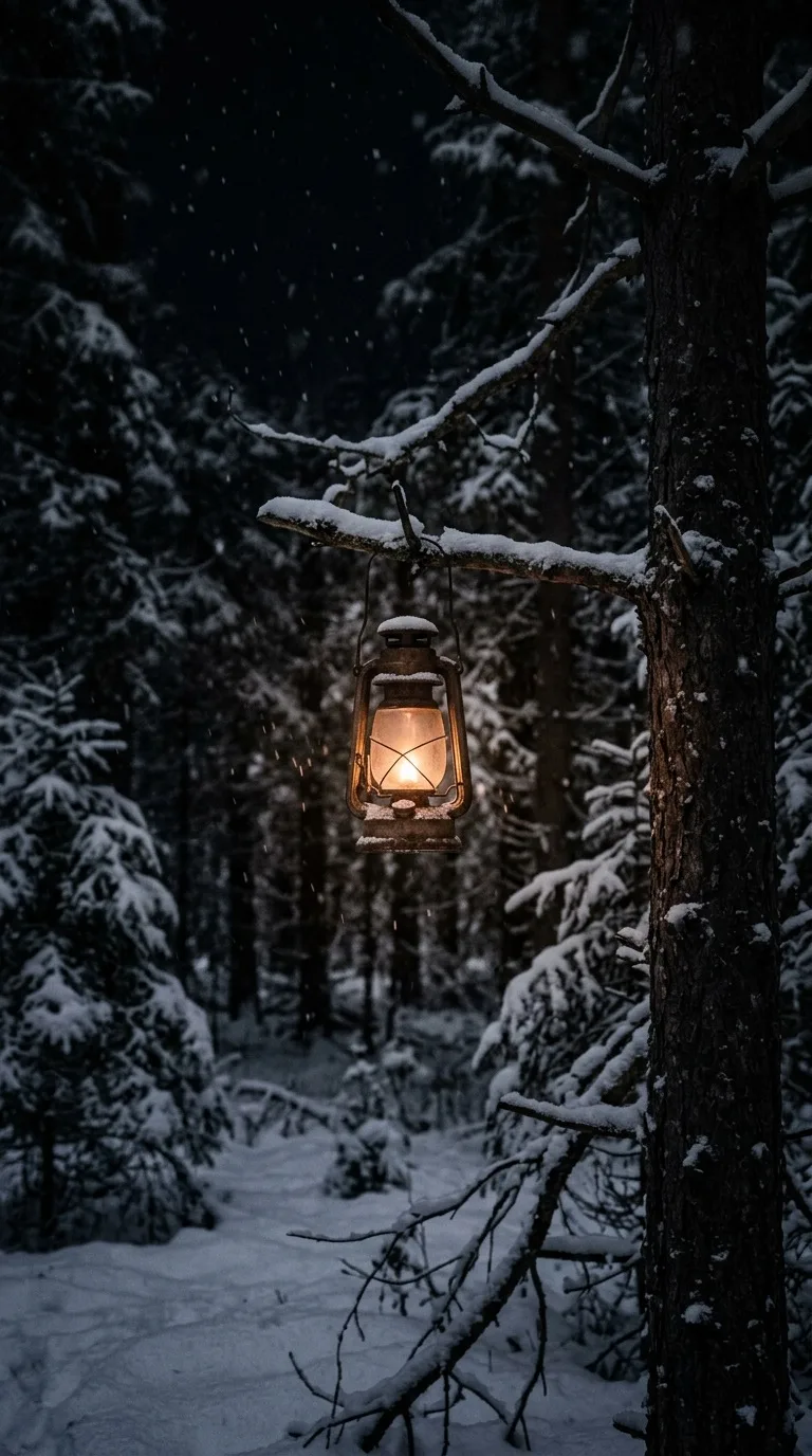 A solitary lantern in a snowy forest.