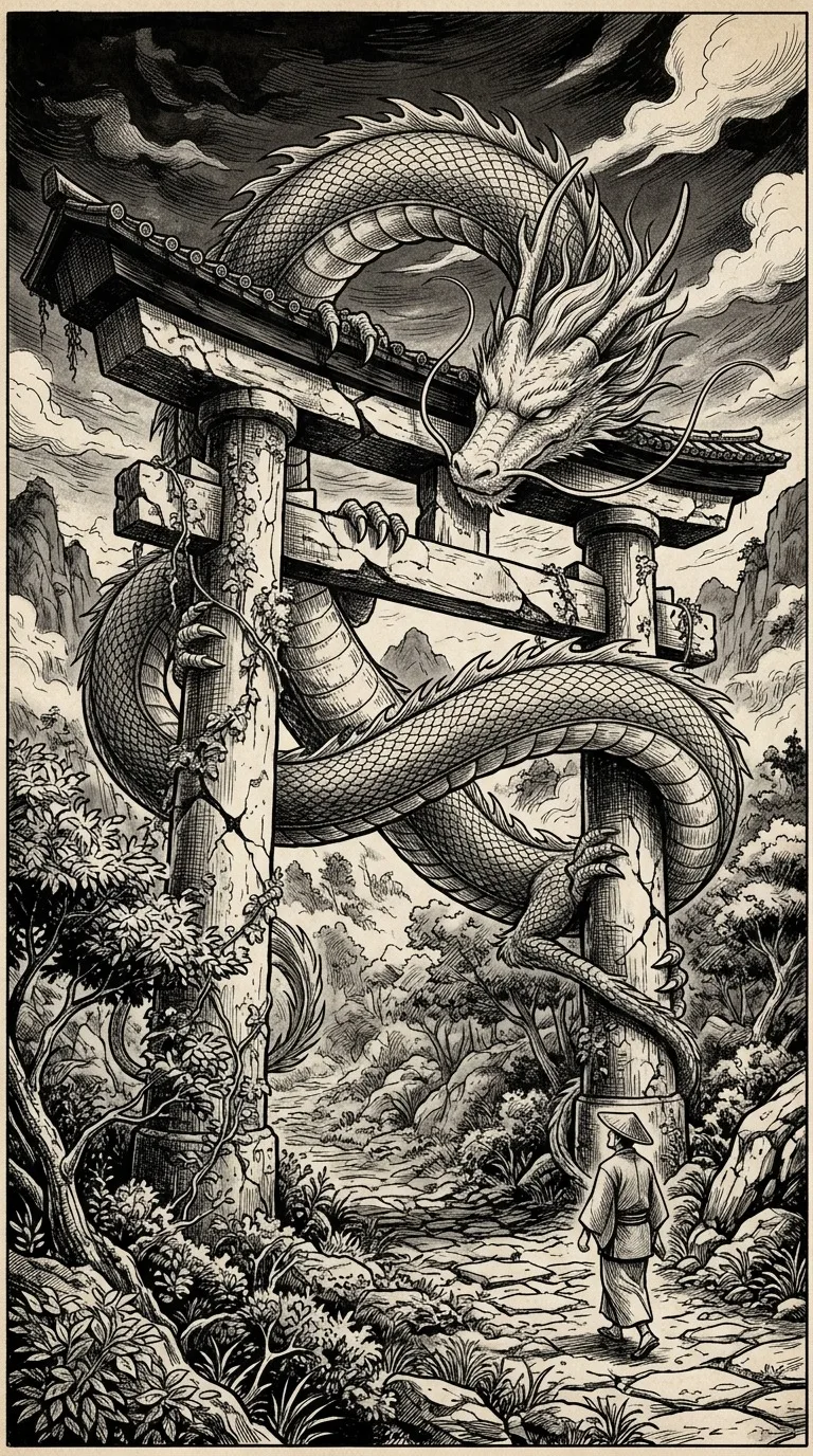 A calm dragon coiled around a ruined gate.