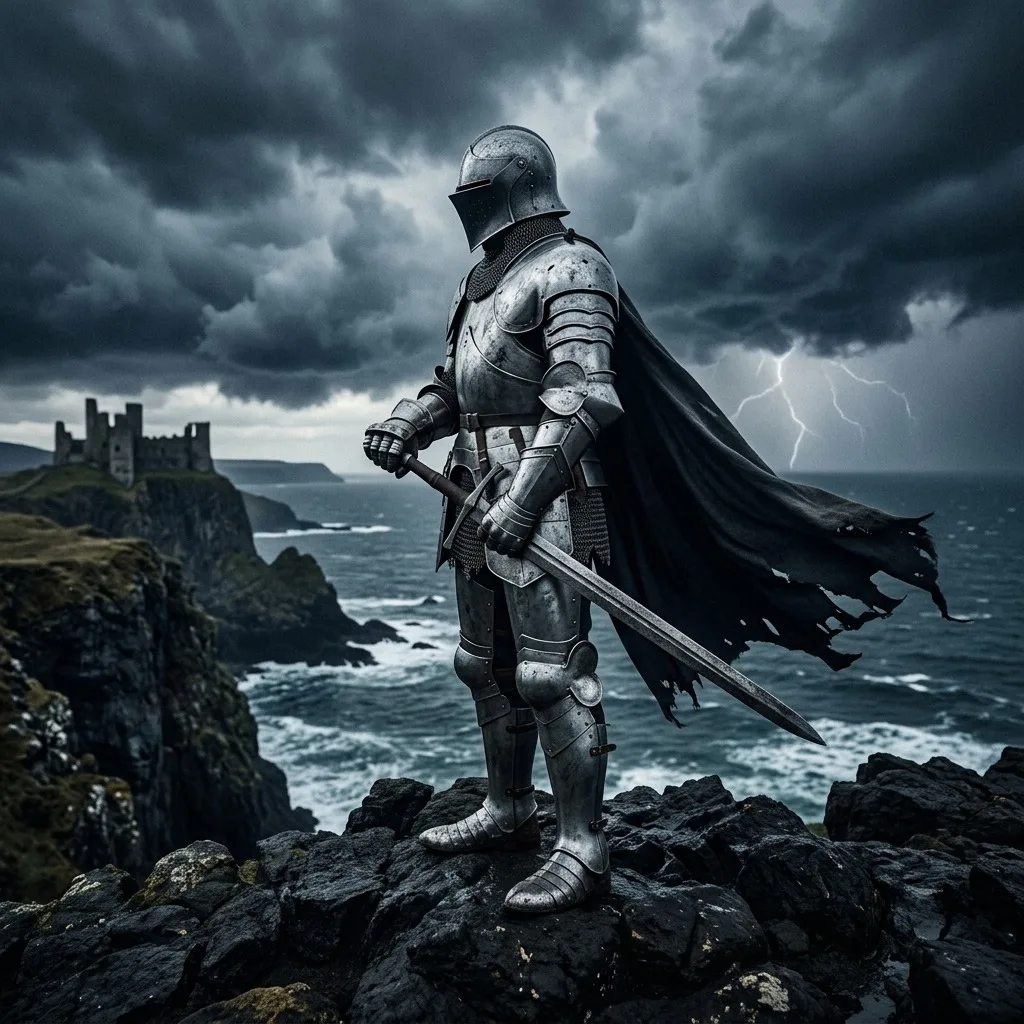 Silver armored knight beneath stormy sky