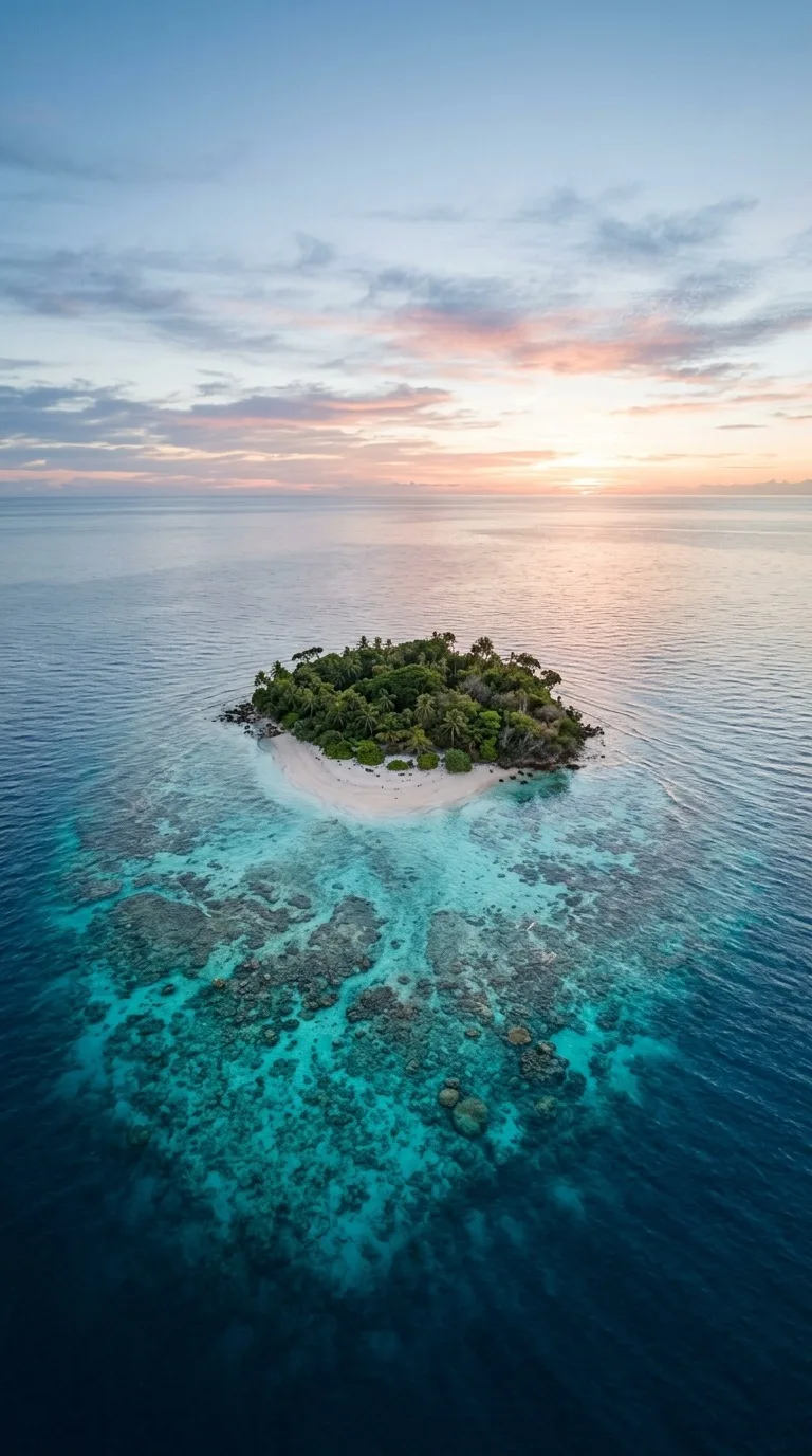 A deserted island ringed by coral.