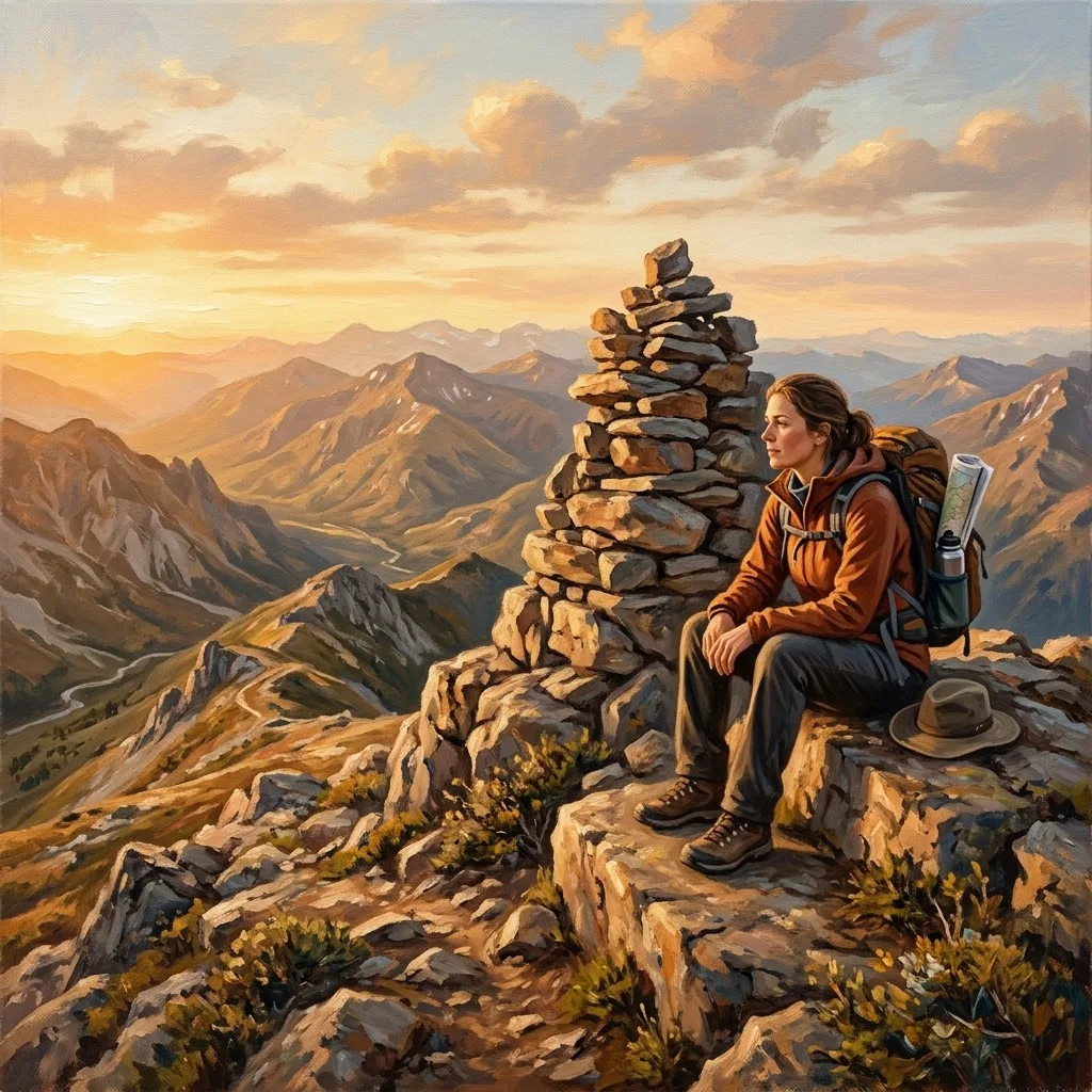 Hiker resting beside a summit cairn