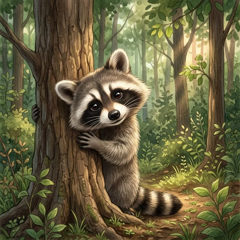 Raccoon peeking around a tree
