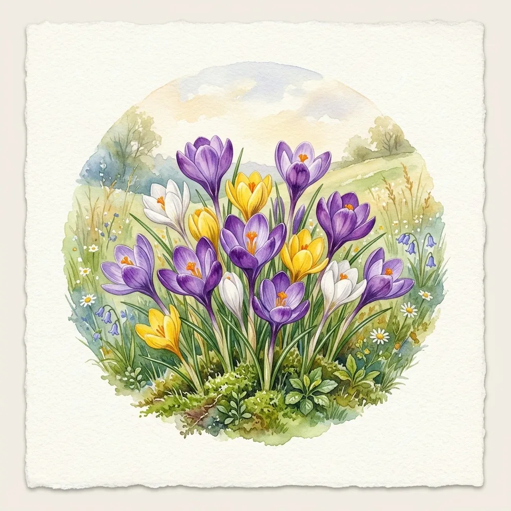 Spring meadow with crocus flowers