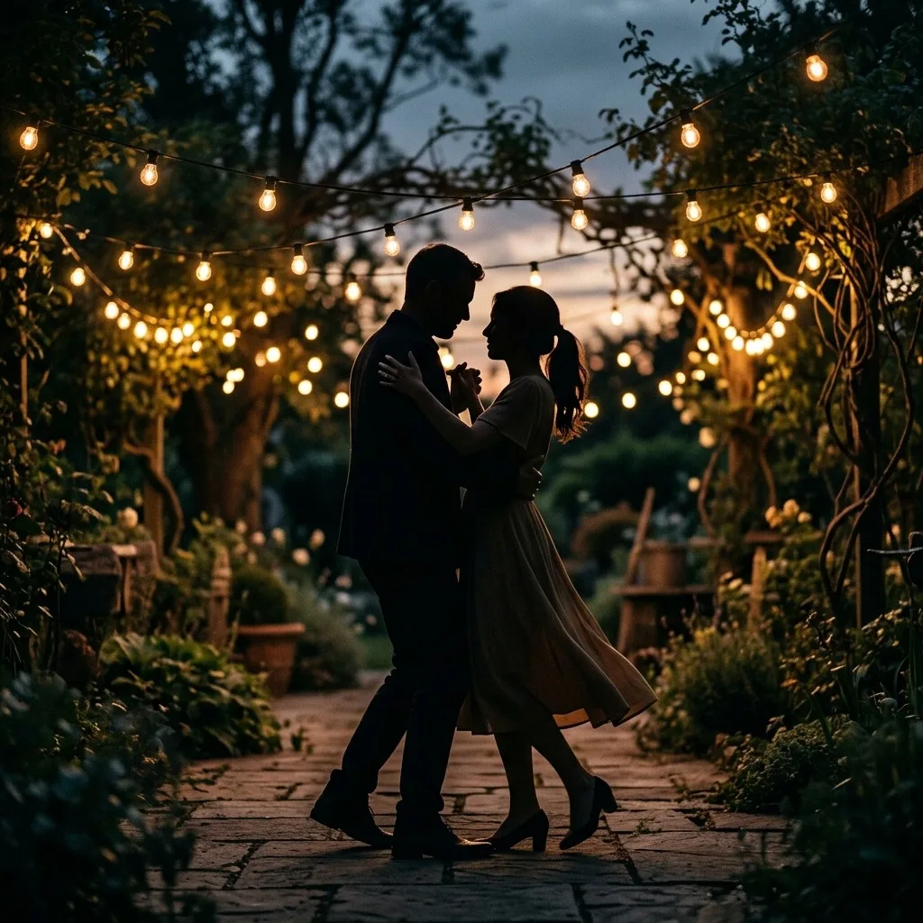 Adult couple dancing beneath garden string lights as silhouettes
