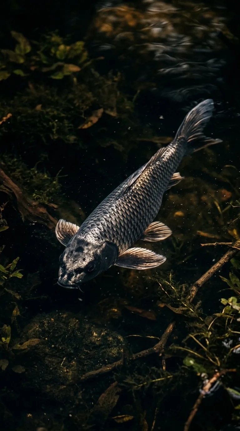 A black-and-silver koi fish beneath water.