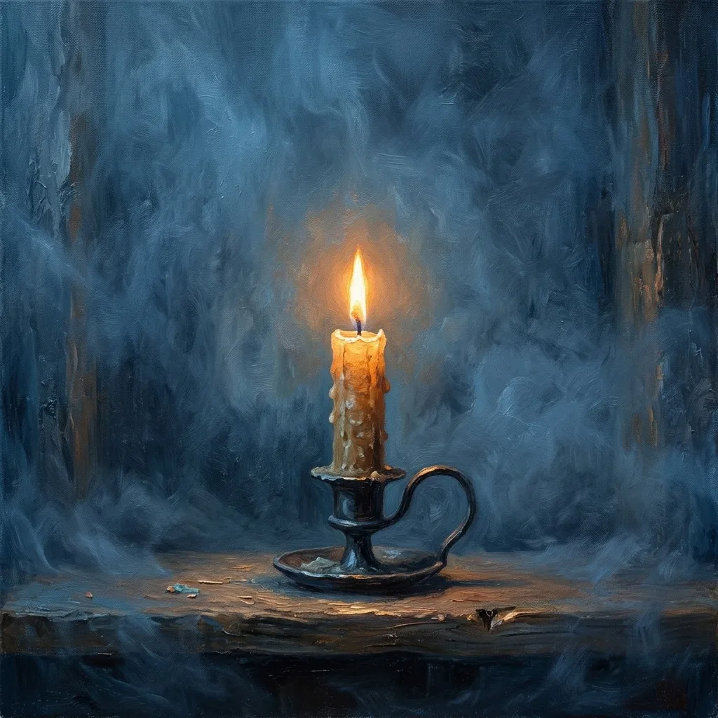 Candle glowing through thick blue mist