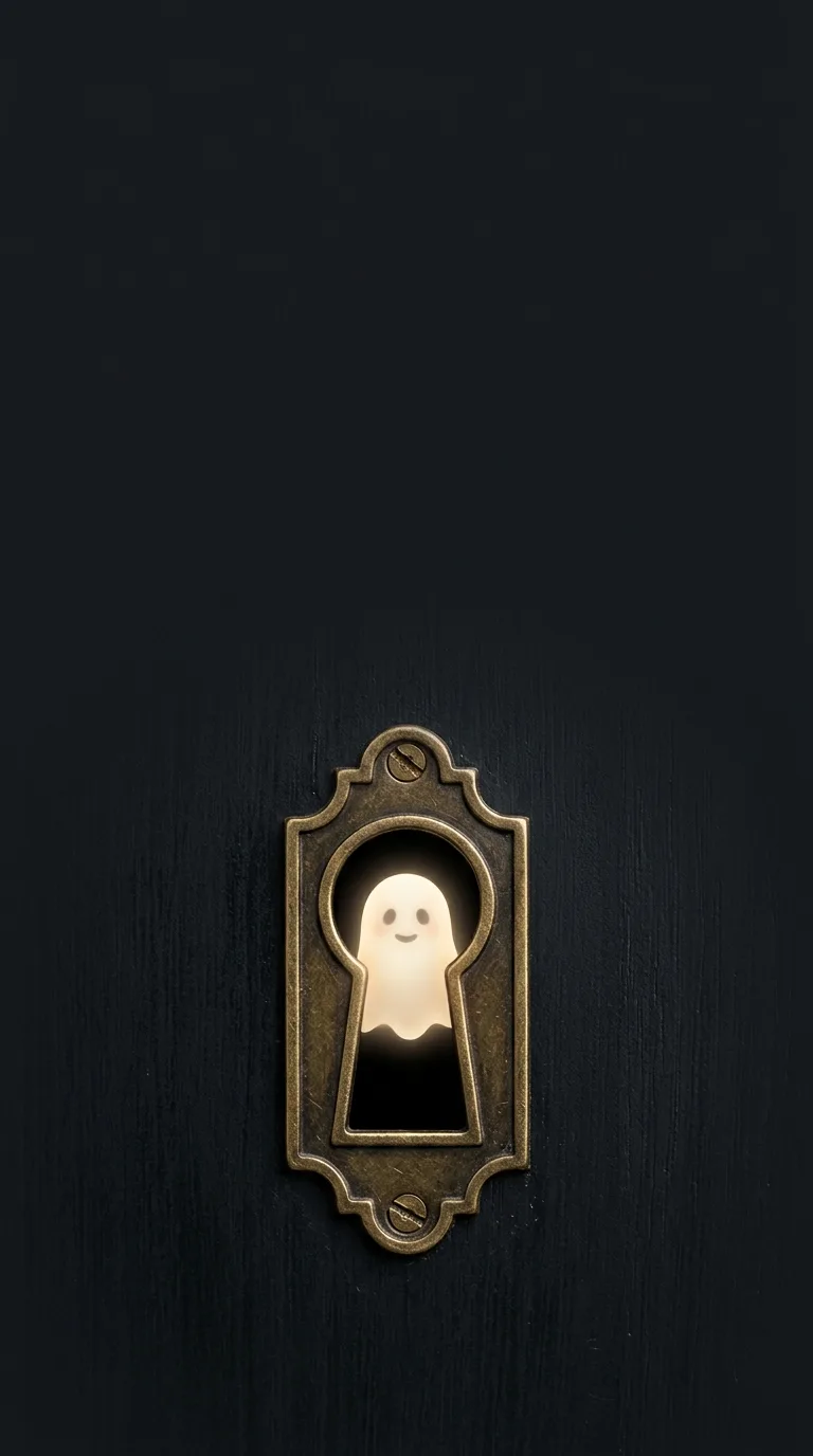 A small illuminated ghost appears through an ornate brass keyhole on dark grey