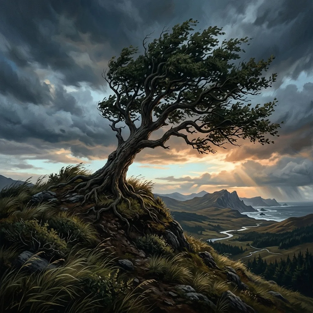 Tree standing strong against wind on a hill