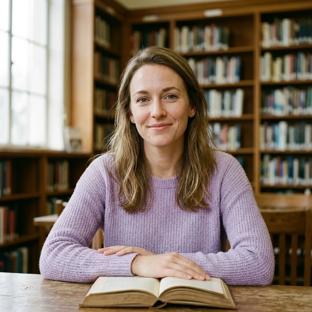 An adult woman with lavender sweater in a quiet library