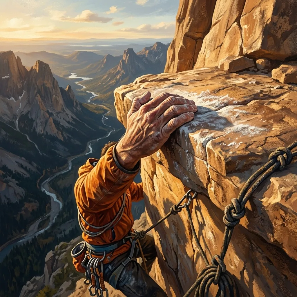 Climber hand gripping a sunlit cliff edge
