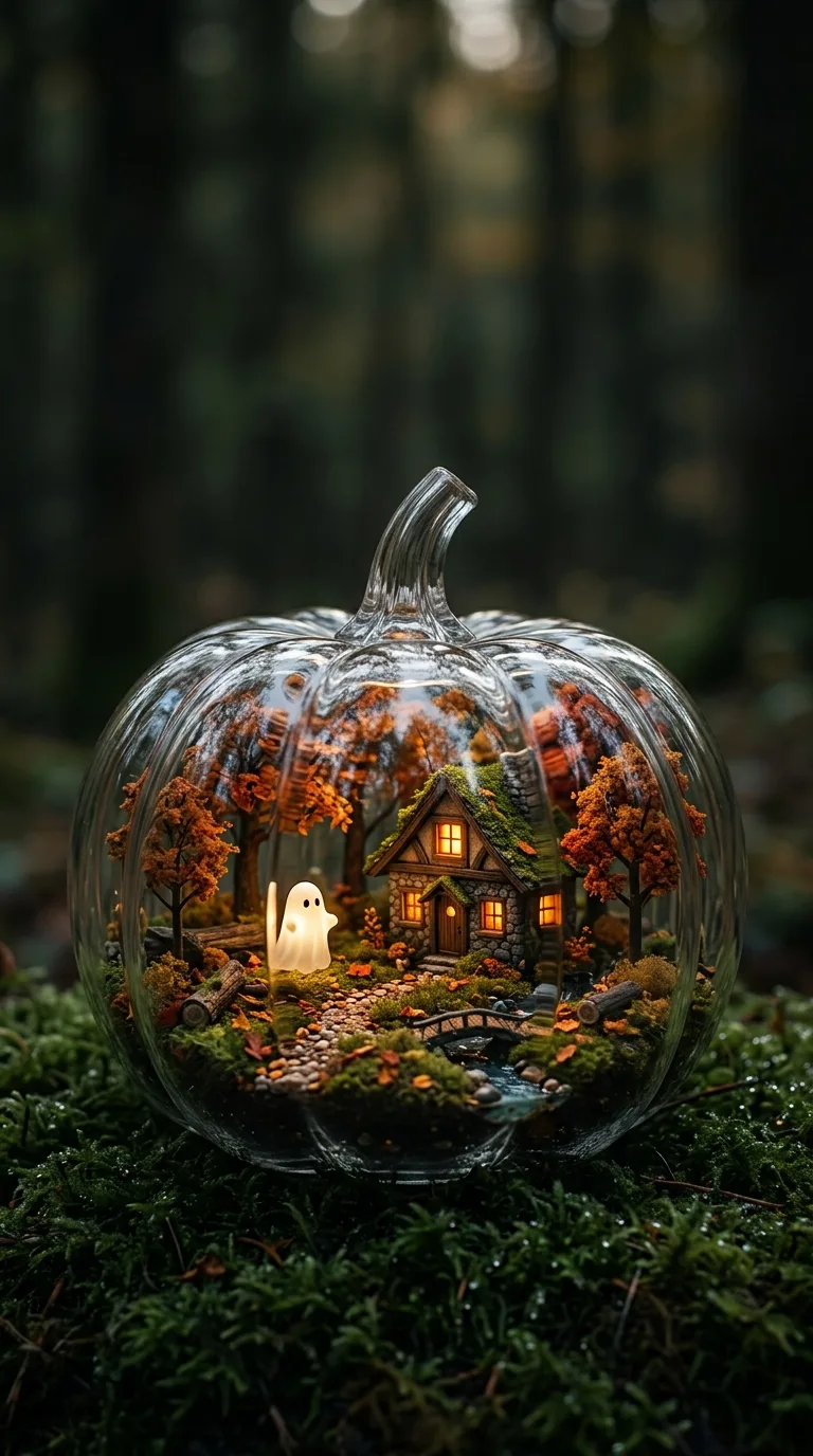 A clear pumpkin terrarium holds a miniature autumn forest and warmly lit cottage