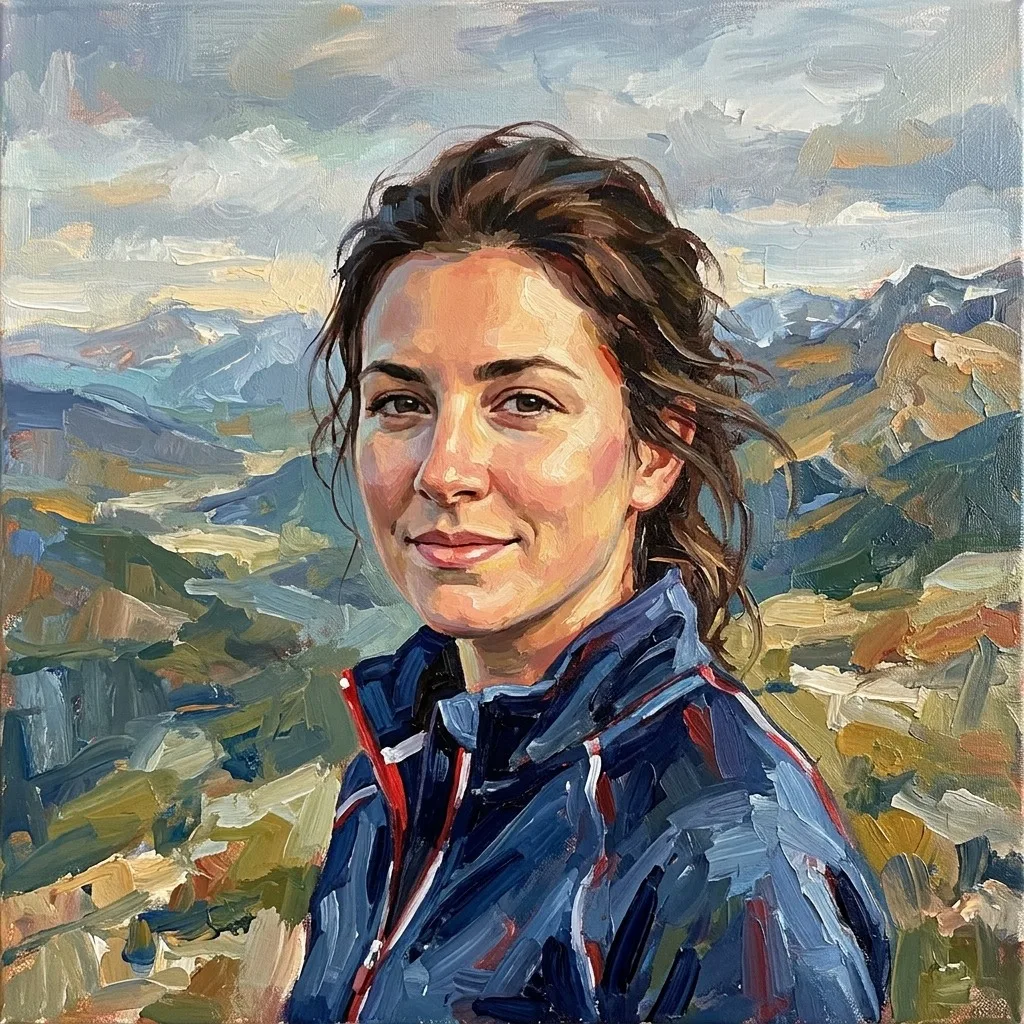 An adult woman with sporty navy jacket on mountain overlook