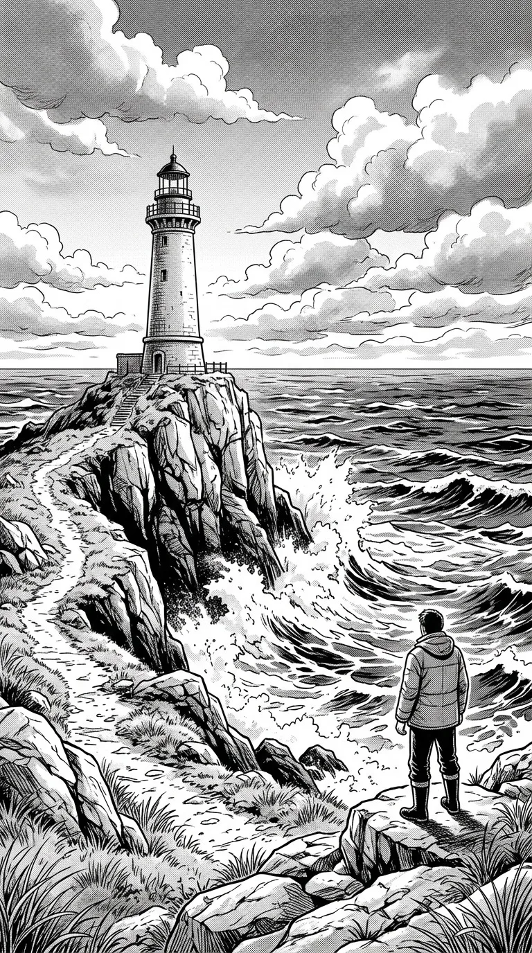 A lone lighthouse above dramatic ocean waves.