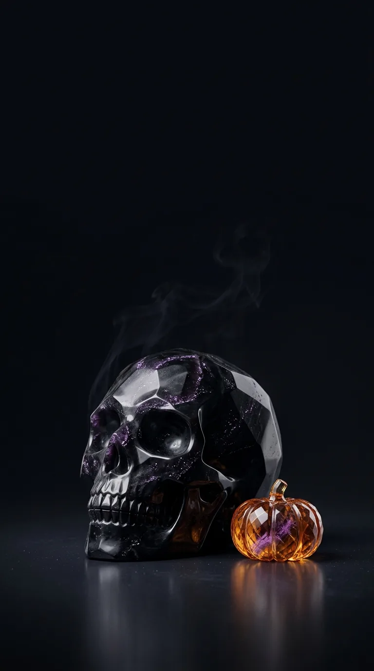 A glossy black skull sculpture sits beside a small amber pumpkin against dark space